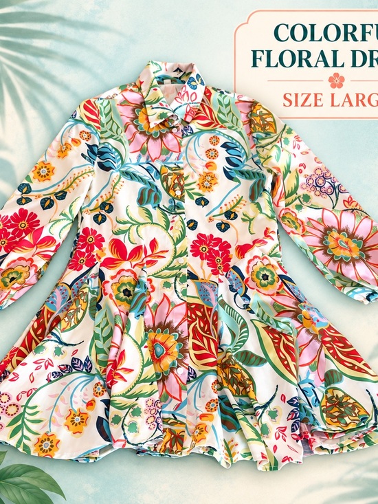 Dresses & Skirts - #0349 Colorful Floral Button-Front Fit & Flare Dress Size Large